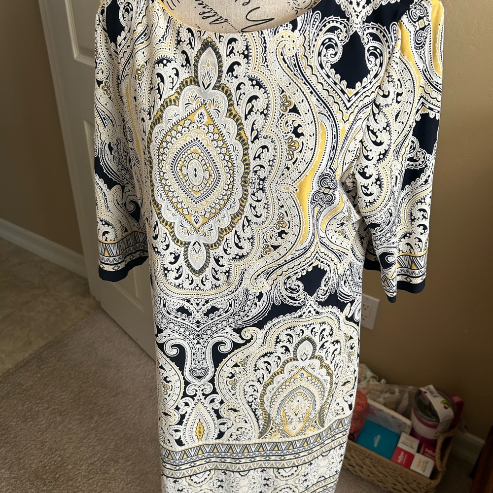 Elegant Paisley Print Dress - Navy and Yellow